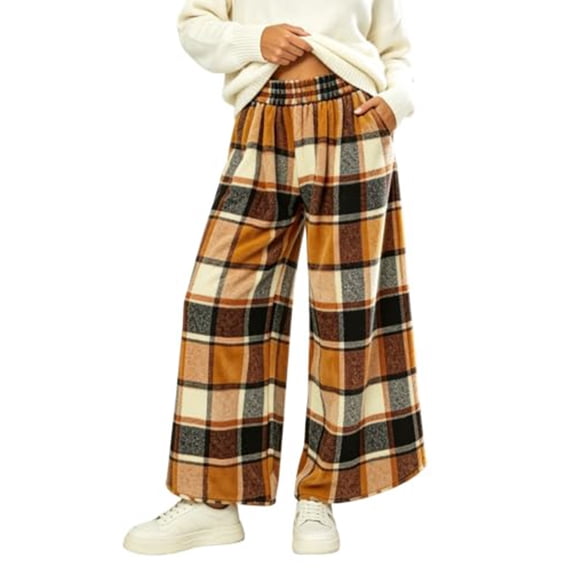 Women's Plaid Pajama Pants, Elastic Waist Straight Leg Lounge Sweatpants, Warm Cozy Winter Sleepwear Trousers with Pocket Ginger L