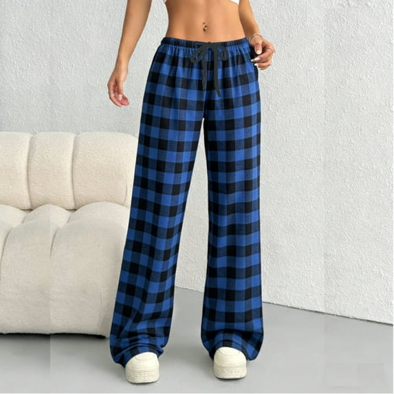 Women's Plaid Pajama Pants Plus Size Drawstring Elastic Waist Thin Weight Pjs Pants Summer Casual Checked Oversized Comfy Sleepwear Long Pants Lightweight Loungerwear Pajamas Pant