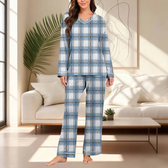 Women's Plaid Pajama Set, 2 Piece Loungewear Outfits V Neck Comfy Sleepwear Fall Long Sleeve Tops and Long Pants New Fall Pjs for Women Set Light Blue S