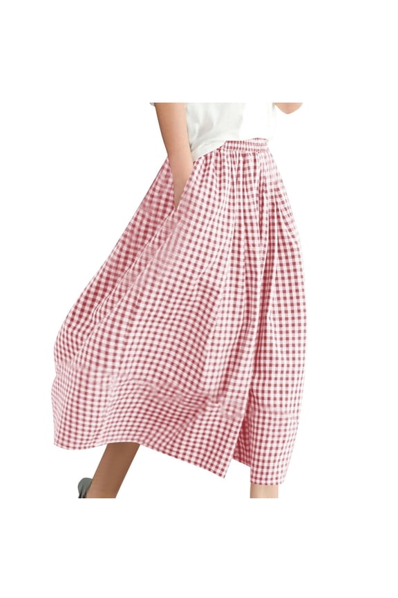 Women's Plaid Palazzo Pants – Cotton-Linen Wide Leg Capris with Elastic Waist, Summer Gingham Cropped Trousers, Flowy Culottes & Baggy Casual Pants