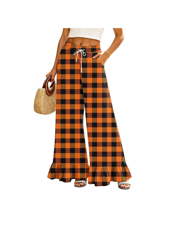 Women's Plaid Palazzo Pants, High Waisted Ruffle Hem Wide Leg Trousers with Pockets, Flowy Summer Beach Long Pants with Drawstring