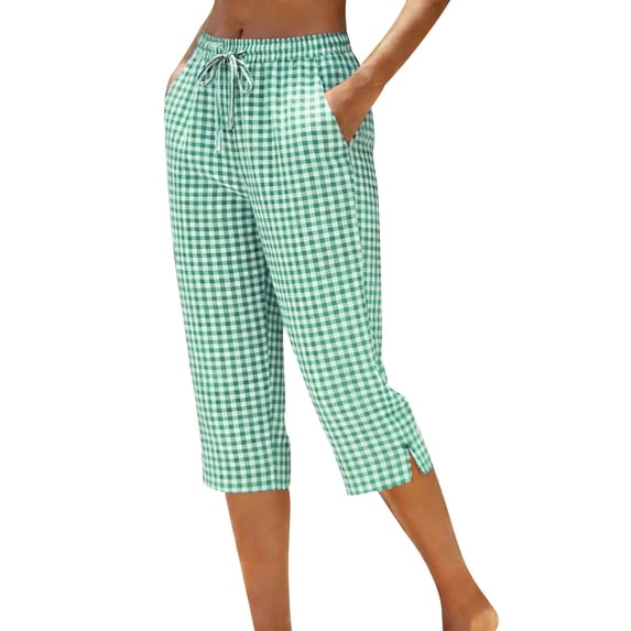 Women's Plaid Pant Gingham Lounge Pants Wide Leg Mid Rise Elastic Waist Checkered Cropped Trousers with Pockets