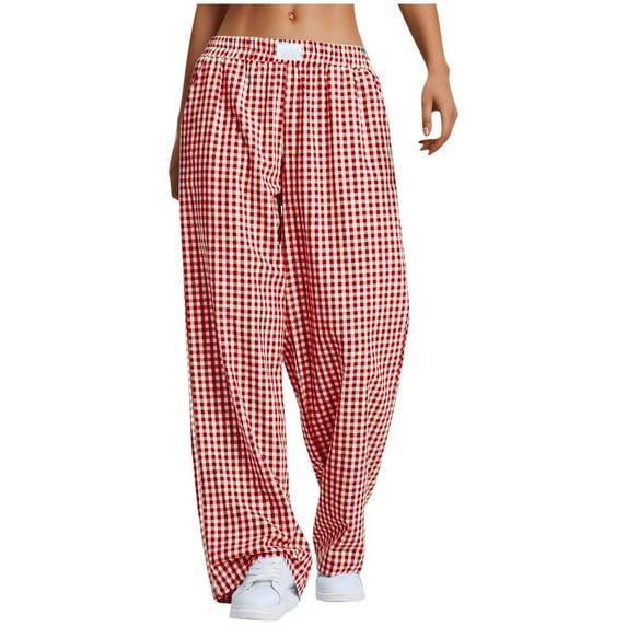 Women's Plaid Pants Cotton Blend Gingham Pajama Lounge Pj Casual Loose High Waist Straight Leg Trousers Y2K Beach Bottoms with Pockets