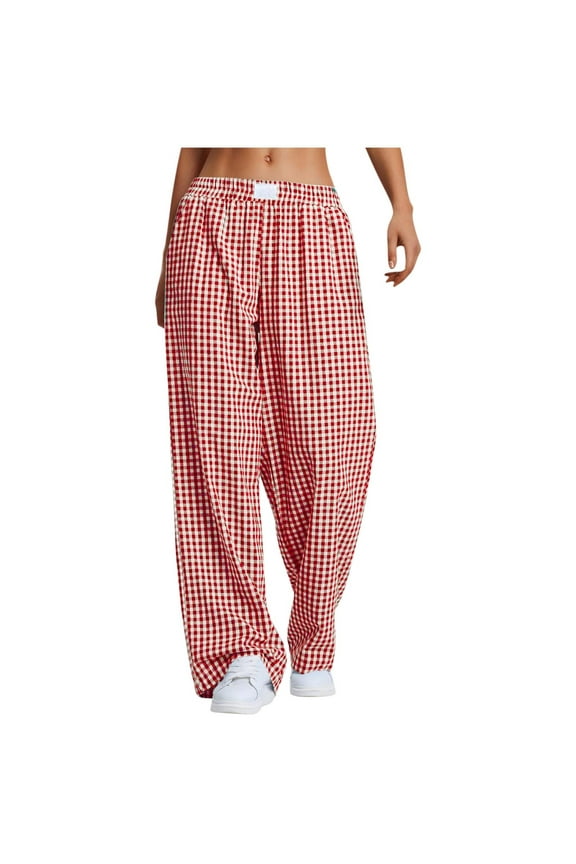 Women's Plaid Pants Cotton Blend Gingham Pajama Lounge Pj Casual Loose High Waist Straight Leg Trousers Y2K Beach Bottoms with Pockets