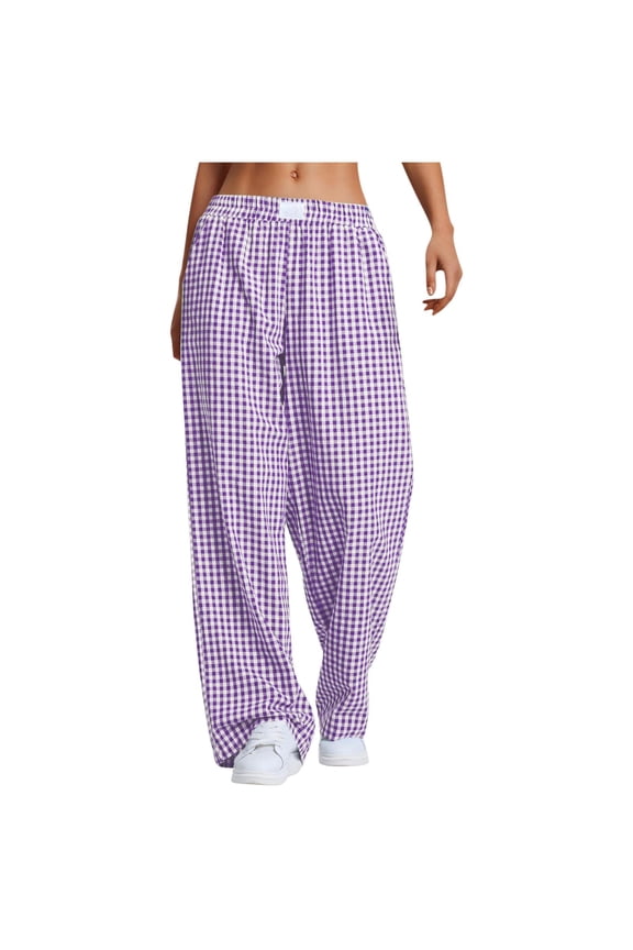 Women's Plaid Pants Cotton Blend Gingham Pajama Lounge Pj Casual Loose High Waist Straight Leg Trousers Y2K Beach Bottoms with Pockets