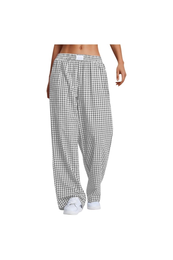 Women's Plaid Pants Cotton Blend Gingham Pajama Lounge Pj Casual Loose High Waist Straight Leg Trousers Y2K Beach Bottoms with Pockets