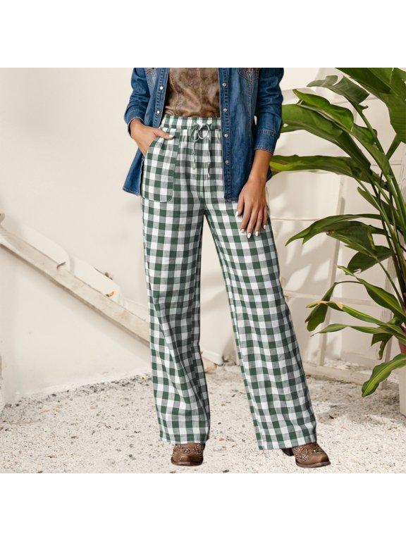 Women's Plaid Pants, Straight Leg Trousers for Women, High Elastic Waist Casual Checked Pants with 4 Pockets, Soft Relaxed Loose Fit Long Pants for Weekend Travel Loungewear Green S