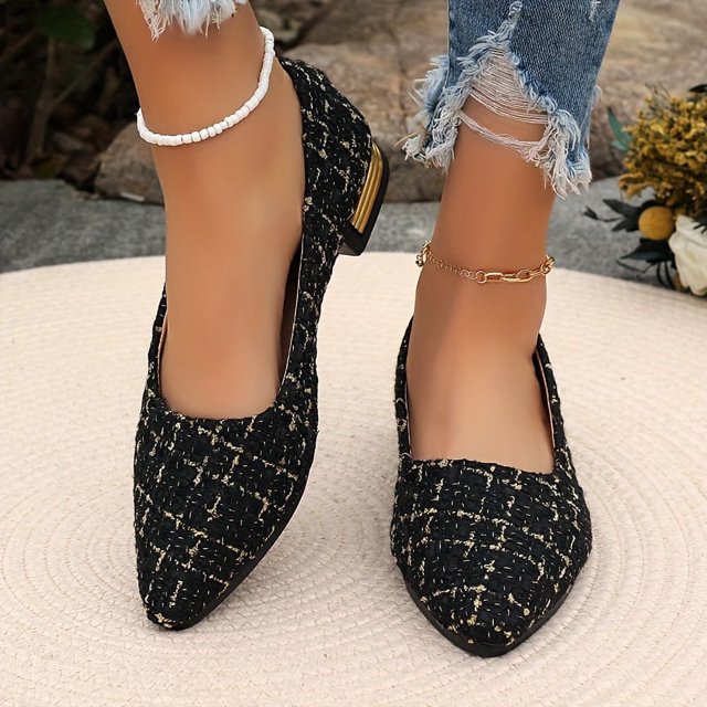 Women's Plaid Pattern Chunky Low Heel Shoes, Elegant Point Toe Dress