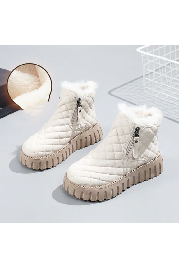 Women's Plaid Pattern Platform Ankle Boots Casual Side Zipper Plush Lined Snow Boots Winter Comfortable Short Boots