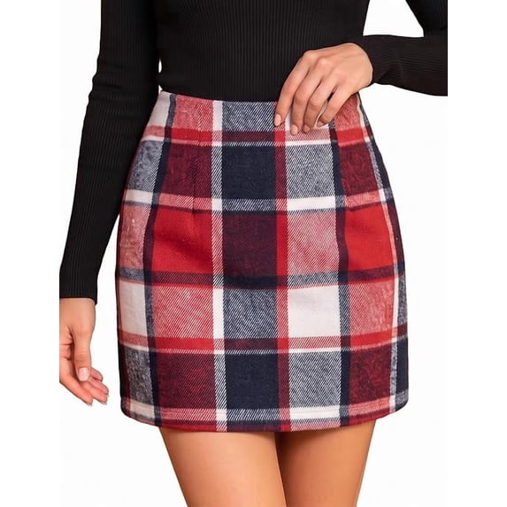 Women's Plaid Pencil Mini Skirt, High Waisted Bodycon Above Knee Skirt with Side Zipper for Fall Winter