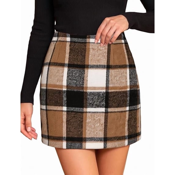 Women's Plaid Pencil Mini Skirt, High Waisted Bodycon Above Knee Skirt with Side Zipper for Fall Winter