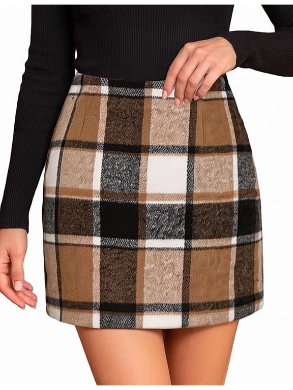 Women's Plaid Pencil Mini Skirt, High Waisted Bodycon Above Knee Skirt with Side Zipper for Fall Winter