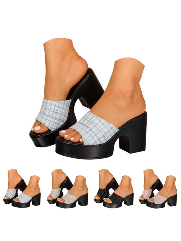 Women's Plaid Platform Wedge Sandals Chunky Heeles Mule Open Toe Slip On Slide Shoes Elegant Dressy Pumps Beige Size 8.5