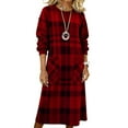 thumbnail image 1 of Women's Plaid Pocket Dress, Long Sleeve Shirt Style Midi Dress, Practical Yet Stylish Dress for Autumn or Commute, Red - M, 1 of 3