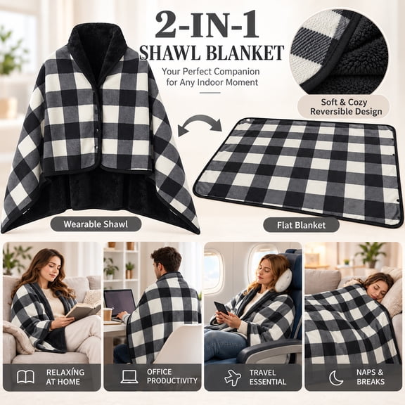 Women's Plaid Poncho Wrap with Wool Lining and Button Closure, Oversized Checkered Blanket for Reading, Black