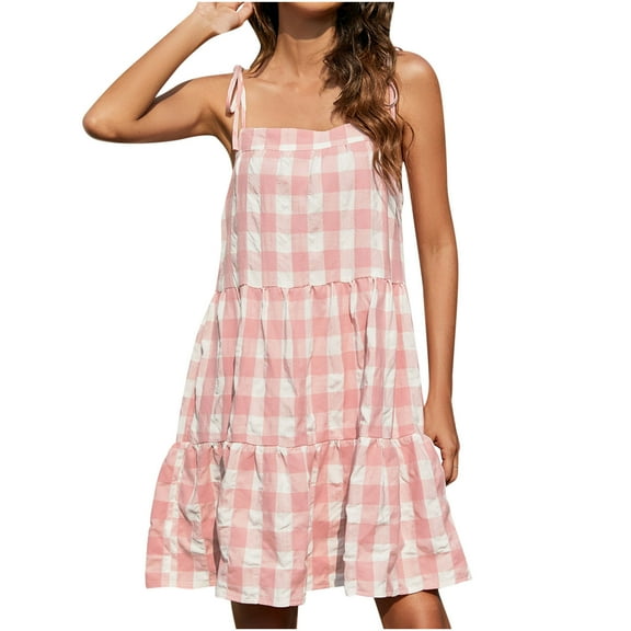 Women's Plaid Print Cami A Line Dress Loose Sleeveless Strap Sling Ruffle Tiered Cute Beach Dress Summer Casual