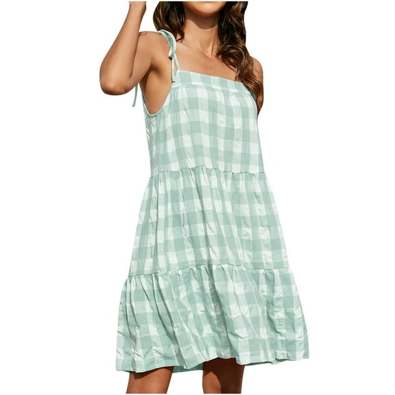 Women's Plaid Print Cami A Line Dress Loose Sleeveless Strap Sling Ruffle Tiered Cute Beach Dress Summer Casual