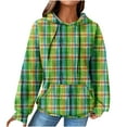 thumbnail image 1 of Women's Plaid Print/Color Block Hoodies Plus Size Waffle Drawstring Long Sleeve Casual Loose Pockets Pullover Tops(Green,L), 1 of 6
