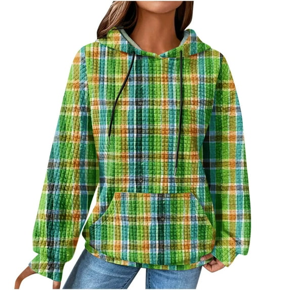 Women's Plaid Print/Color Block Hoodies Plus Size Waffle Drawstring Long Sleeve Casual Loose Pockets Pullover Tops(Green,L)