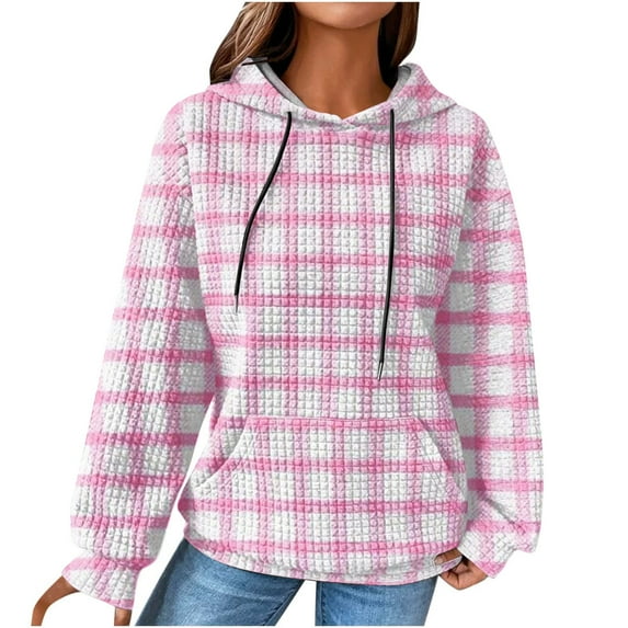 Women's Plaid Print/Color Block Hoodies Plus Size Waffle Drawstring Long Sleeve Casual Loose Pockets Pullover Tops(Hot Pink,XXXL)