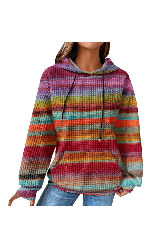 Women's Plaid Print/Color Block Hoodies Plus Size Waffle Drawstring Long Sleeve Casual Loose Pockets Pullover Tops(Purple,S)