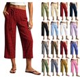 thumbnail image 1 of Women's Plaid Print Cotton Blend Drawstring Wide Leg Capri Pants with Side Pockets,Red,Women's Capri XL, 1 of 8