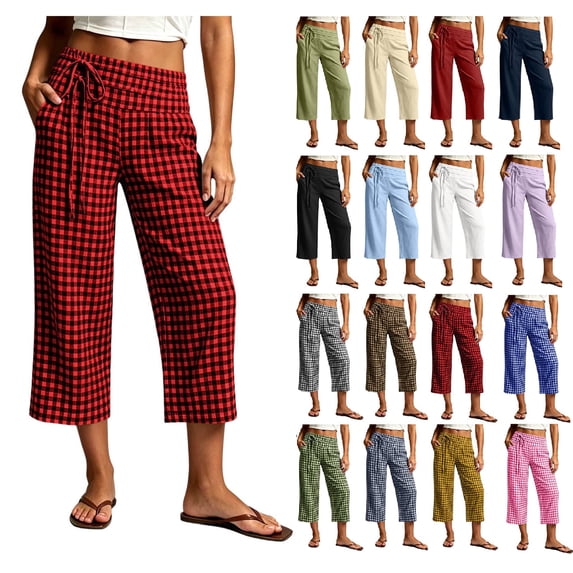 Women's Plaid Print Cotton Blend Drawstring Wide Leg Capri Pants with Side Pockets,Red,Women's Capri XL