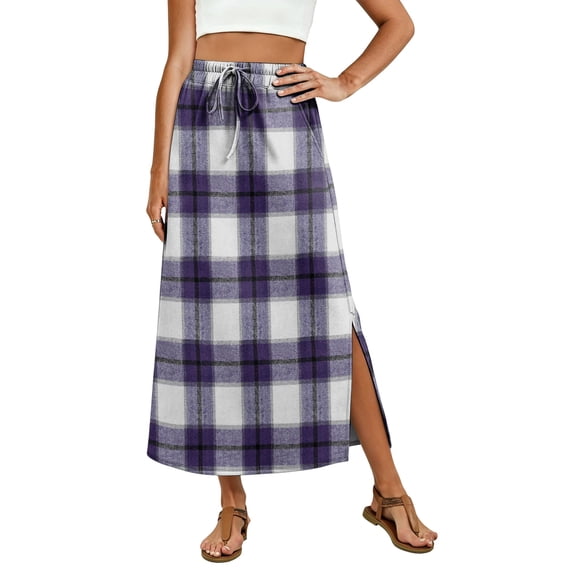 Women's Plaid Print Elastic Waist Long Skirt Summer Casual Elegant High Waist A-Line Maxi Skirts Purple XL