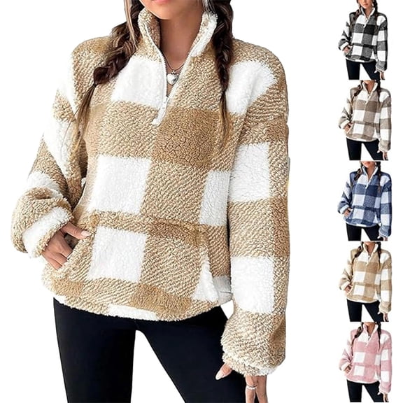 Women's Plaid Print Half Zip Drop Shoulder Fleece Sweatshirt, Sherpa Quarter Zip Women