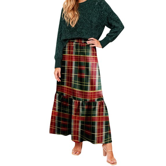 Women’s Plaid Print Maxi Skirt High Waist Ruffle Hem A Line Long Skirt Casual Loose Fit Soft Fabric Elegant Style Dark Green 2XL