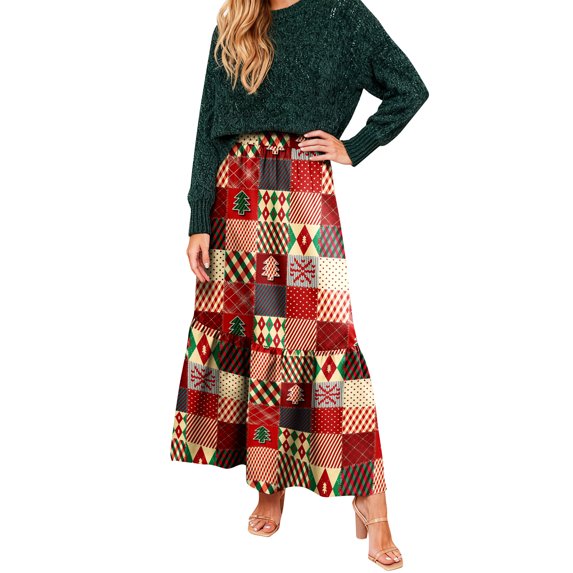 Women’s Plaid Print Maxi Skirt High Waist Ruffle Hem A Line Long Skirt Casual Loose Fit Soft Fabric Elegant Style Hot Pink M