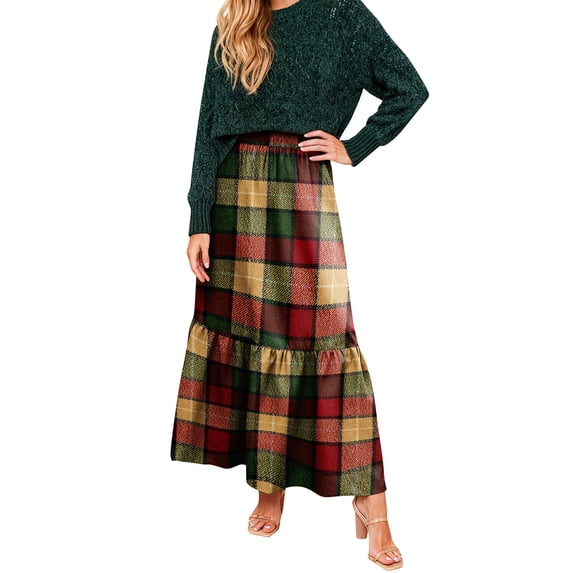 Women’s Plaid Print Maxi Skirt High Waist Ruffle Hem A Line Long Skirt Casual Loose Fit Soft Fabric Elegant Style Vermilion 2XL