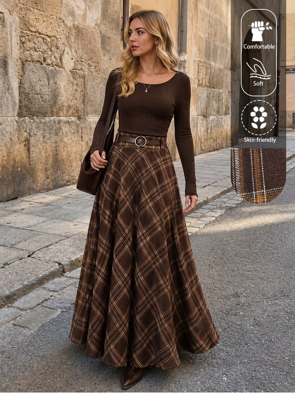 Women's Plaid Print Vintage Casual Commuting Skirt Spring Brown