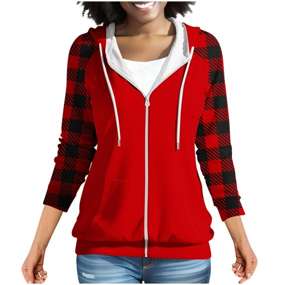Women's Plaid Printed Hoodies Long Sleeve Full Zip Fashion Leisure Sweatshirts Casual Loose Daily Hooded Sweatshirt with Pockets Red S