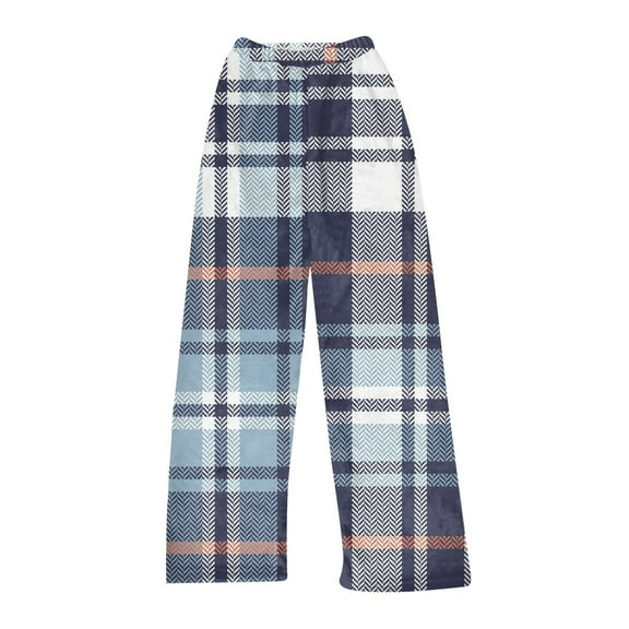 Women's Plaid Printed Plush Pants, Full Length Long Trousers for Winter Casual Wear, Soft and Warm Fleece Material with Classic Design,Royal Blue,L