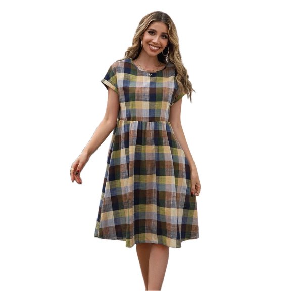 Women's Plaid Round Neck Cap Sleeve Dress 100% Polyester Lightweight Comfortable Everyday Wear for All Seasons