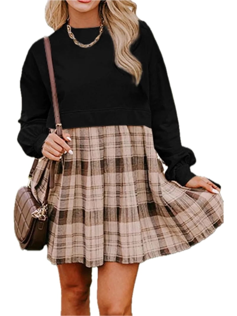 Rulvian Women's Plaid Round Neck Long Sleeve Mini Dress 85% Polyester 10% Cotton 5% Elastane Fabric Blend for Everyday Chic, Size: Medium