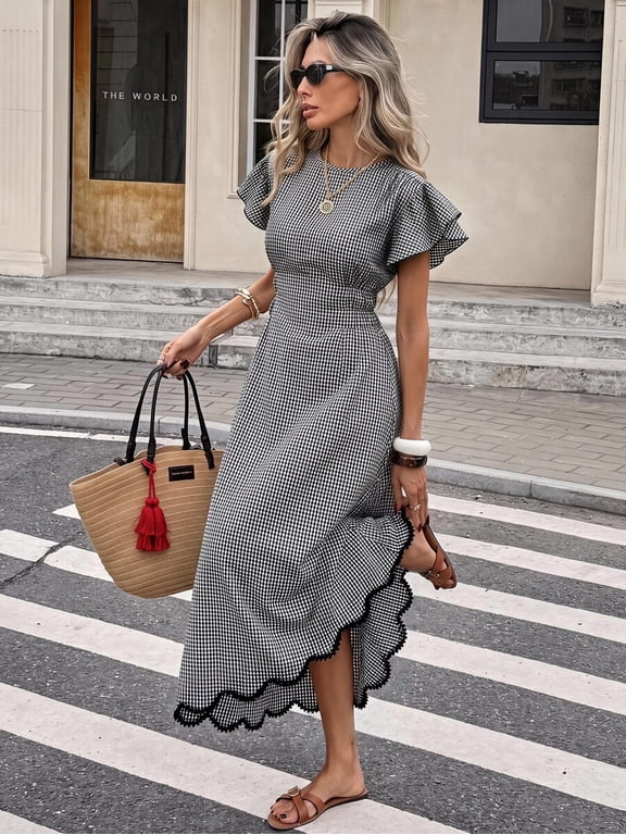 Women's Plaid Ruffle Short Sleeve Midi Dress Round Neck Ruffle Hem A-Line Flowy Swing Dress