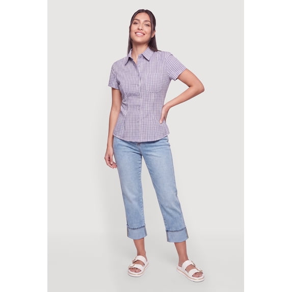 Women's Plaid Seersucker Button Front Pleated Shirt