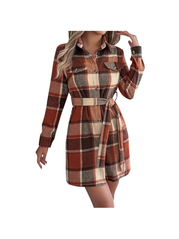 Women's Plaid Shacket Belted Mini Shirt Dress Coat Tweed Button Down Fall Winter Overcaot Orange S