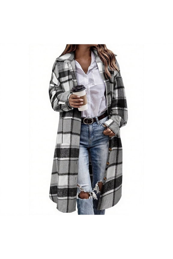 Women's Plaid Shacket Casual Lapel Button Down Long Shirts Jacket Boyfriend Oversized Clothes Tartan Outfits