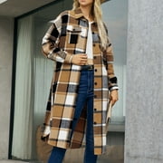 Women's Plaid Shacket Jacket Casual Button Lapel Flannel Tartan Trench Coat With Pockets