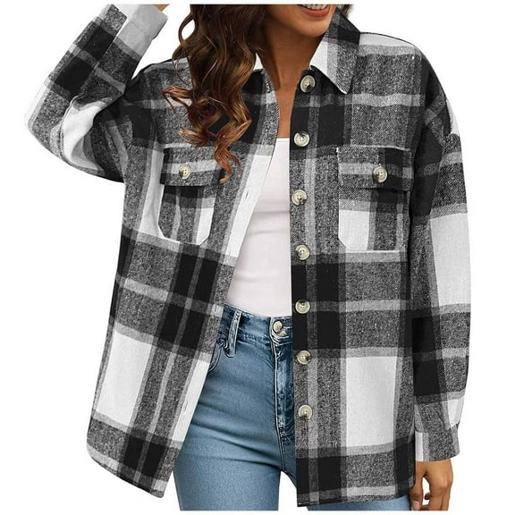 Women's Plaid Shacket Jacket Casual Long Sleeve Button Down Lapel Collar Outerwear 2025 Fall Winter Cozy Coat with Pockets