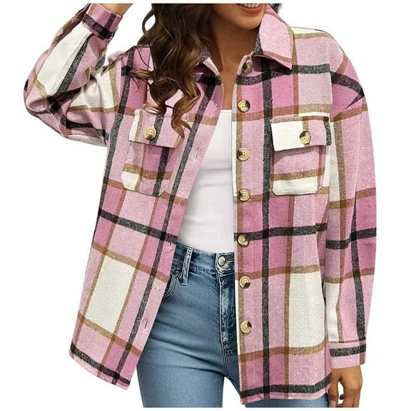 Women's Plaid Shacket Jacket Casual Long Sleeve Button Down Lapel Collar Outerwear 2025 Fall Winter Cozy Coat with Pockets