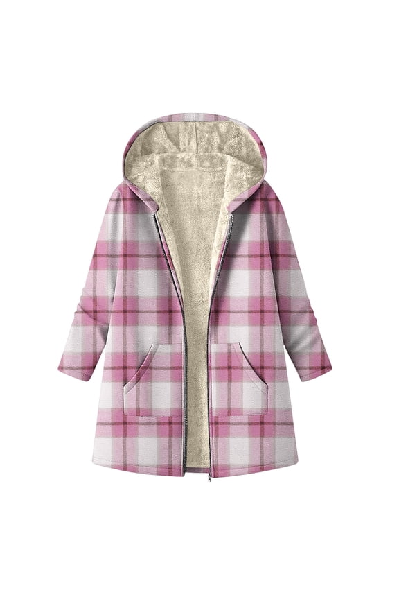 Women's Plaid Shacket Jacket, Fleece Lined Hooded Coat, Windbreaker Quilted Puffer Coat, Winter Snow Warm Overcoat Casual Long Sleeve Outwear(Pink,M)