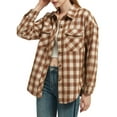 thumbnail image 1 of Women's Plaid Shacket Jacket Long Sleeve Button Down Fall Shirts Coat, Brown, X-Large, 1 of 5