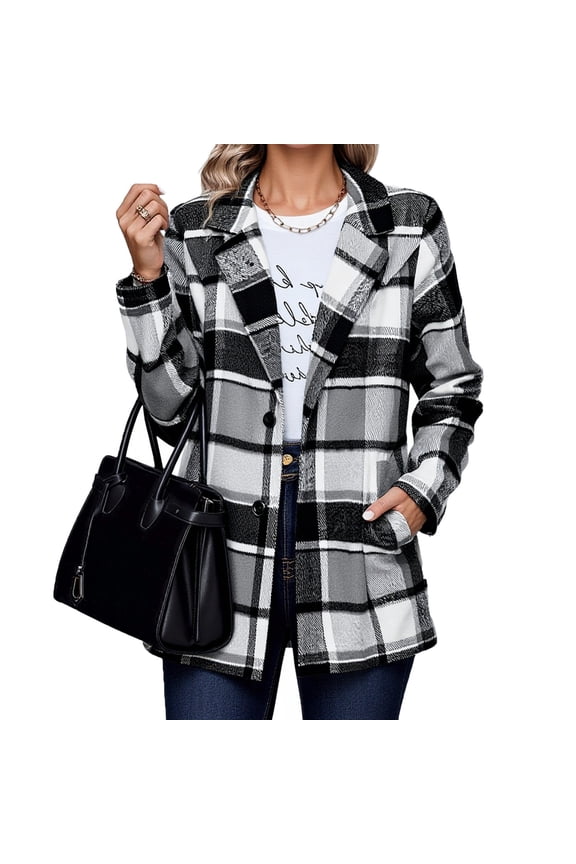 Women's Plaid Shacket Jacket Tops Shirts Blouses Long Sleeve Button Front Oversized Fit Wool Blend Tartan Trench Coat With Pockets Casual Fall Winter Streetwear | CSEONE,Khaki L