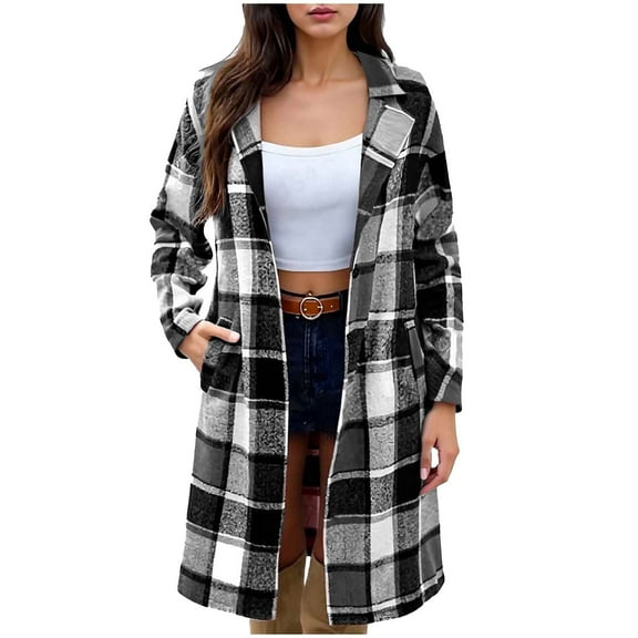 Women's Plaid Shacket Jacket Trendy Fall Casual Lapel Long Sleeve Button Down Shirt Coat Winter Clothing with Pockets (2XL, Black)
