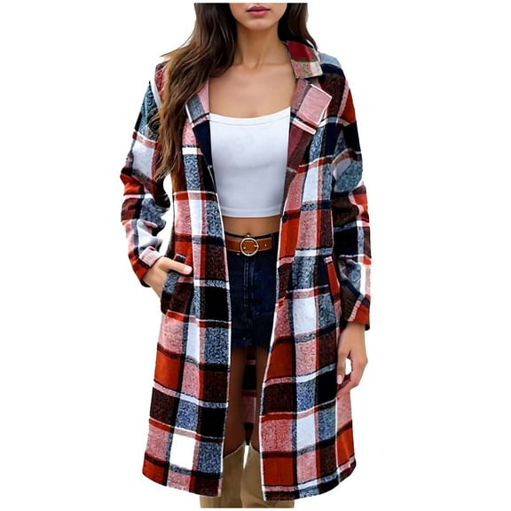 Women's Plaid Shacket Jacket Trendy Fall Casual Lapel Long Sleeve Button Down Shirt Coat Winter Clothing with Pockets (L, Hot Pink)
