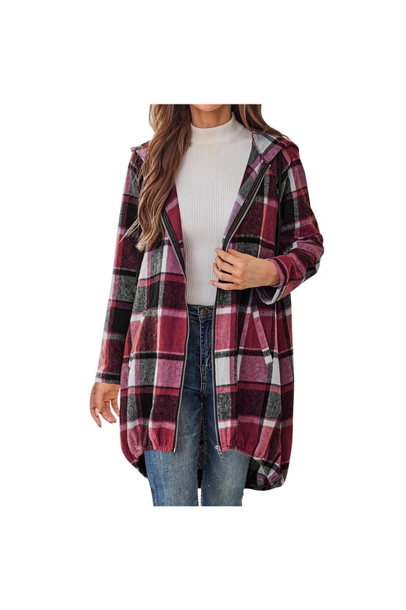Women's Plaid Shacket Jacket Trendy Fall Casual Zipper Cotton Blend Long Trench Coat with Pockets Winter